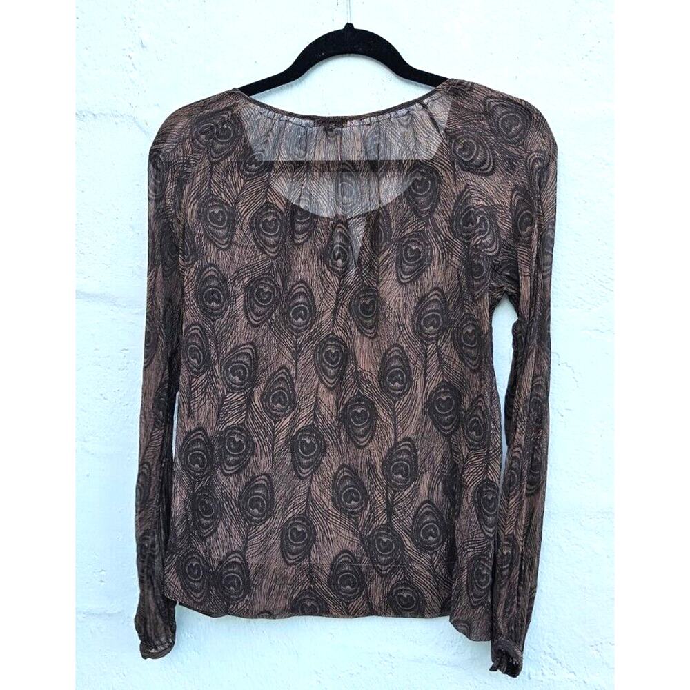 Club Monaco Top Small Brown Silk Peacock Feather Print Sheer Forest Fairy Grunge
